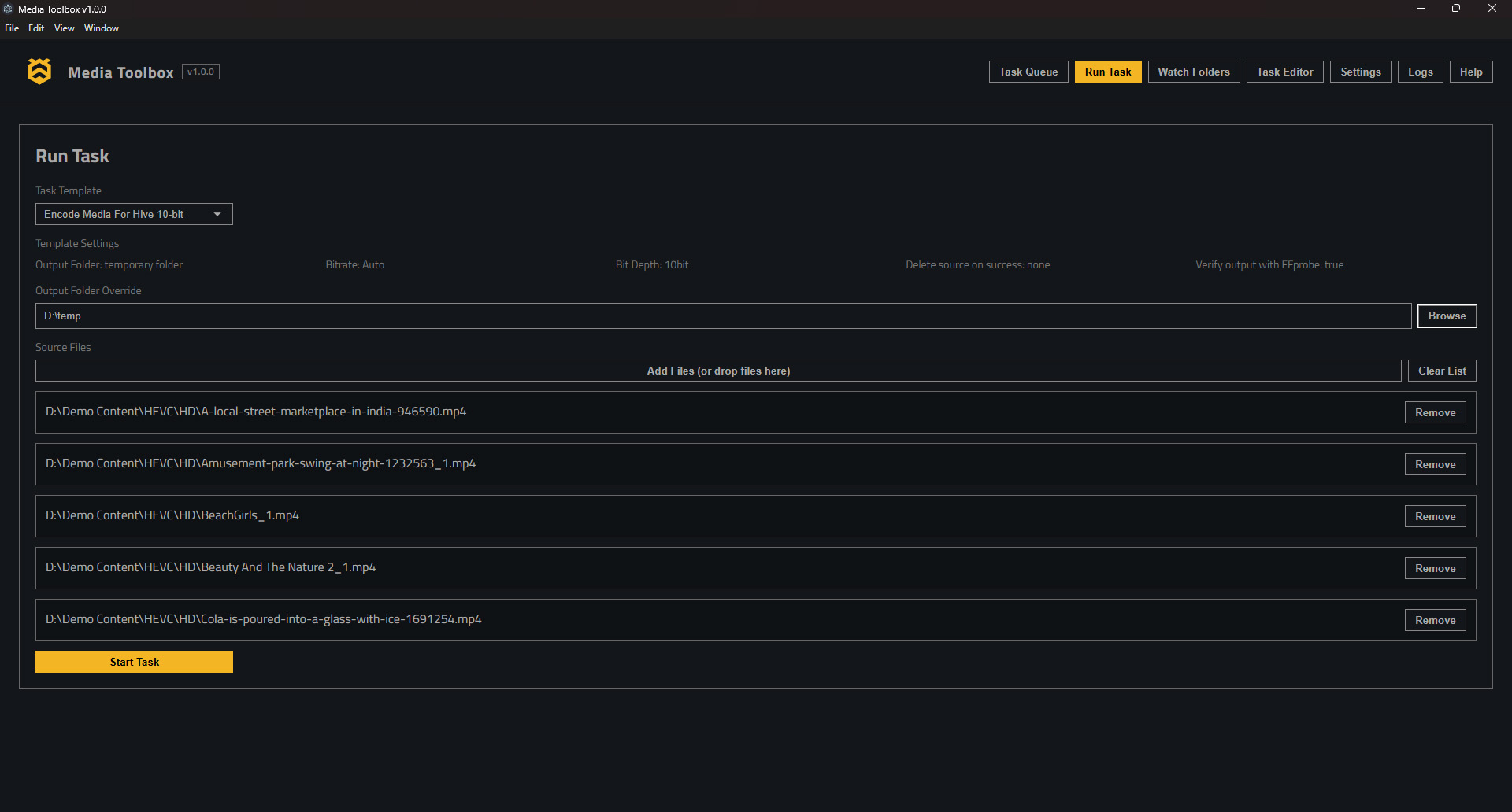 Quick Start - Run Task view